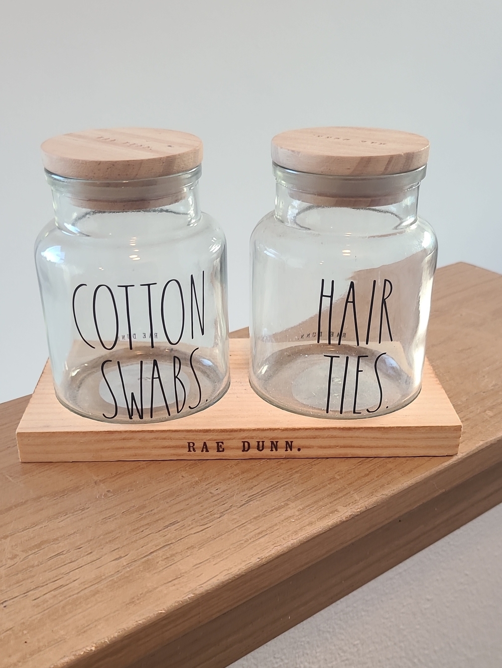 Rae Dunn Clear Glass Bathroom Jars with Natural Wood Lids